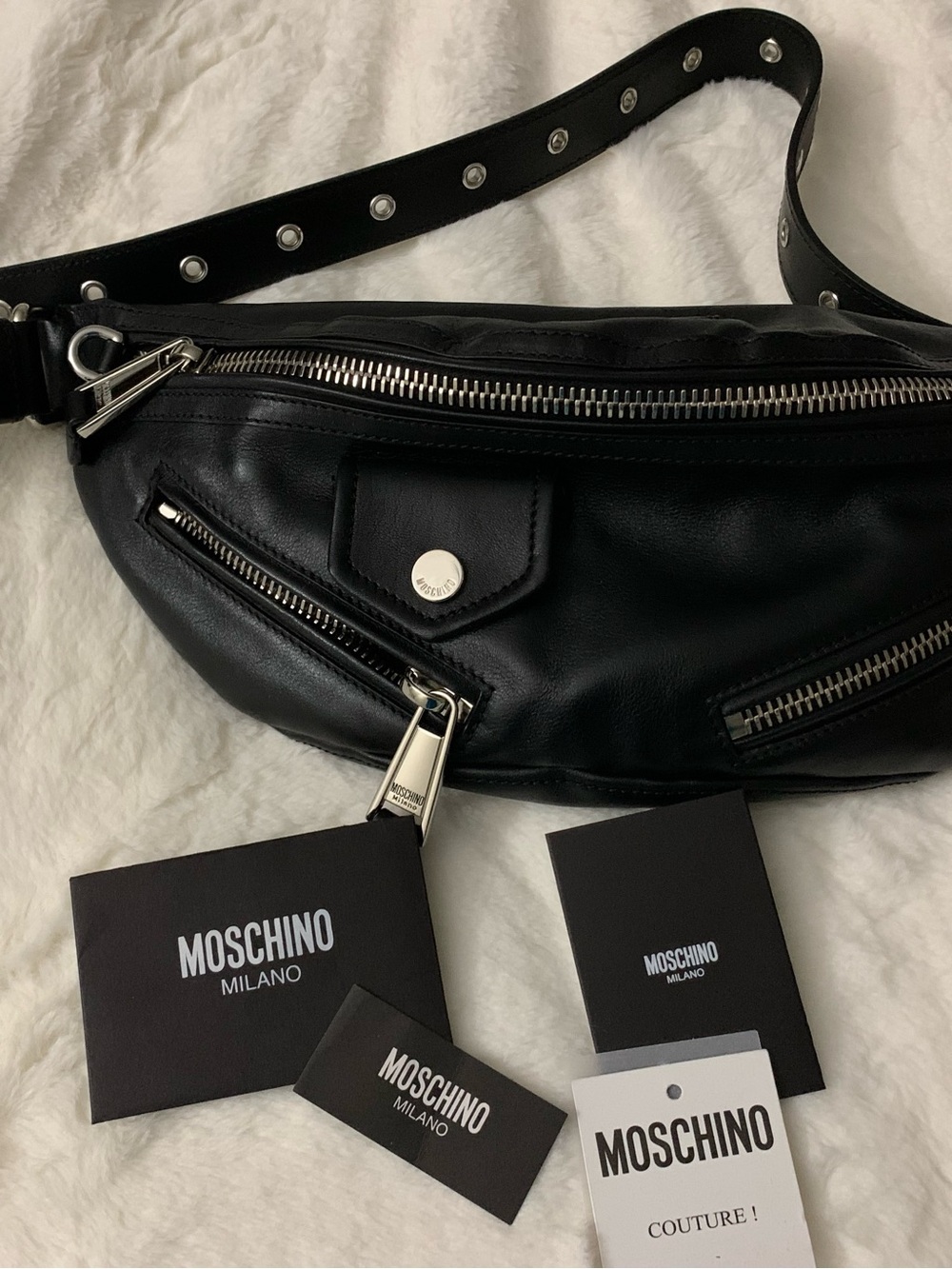 Moschino Black Leather Men’s Biker Belt Bag with Silver Hardware
